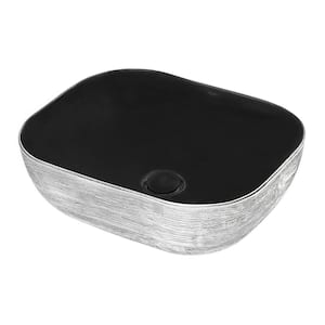 20 in. Above Vanity Counter Bathroom Ceramic Vessel Sink in Black with Decorative Art in Silver