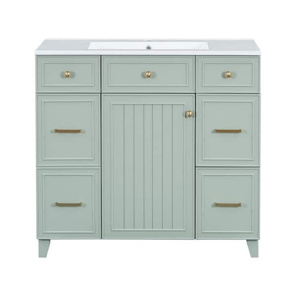 Virubi 36 in. W Single Sink Bath Vanity in Green with White Ceramic Top, 3-Drawers, Solid Wood Frame