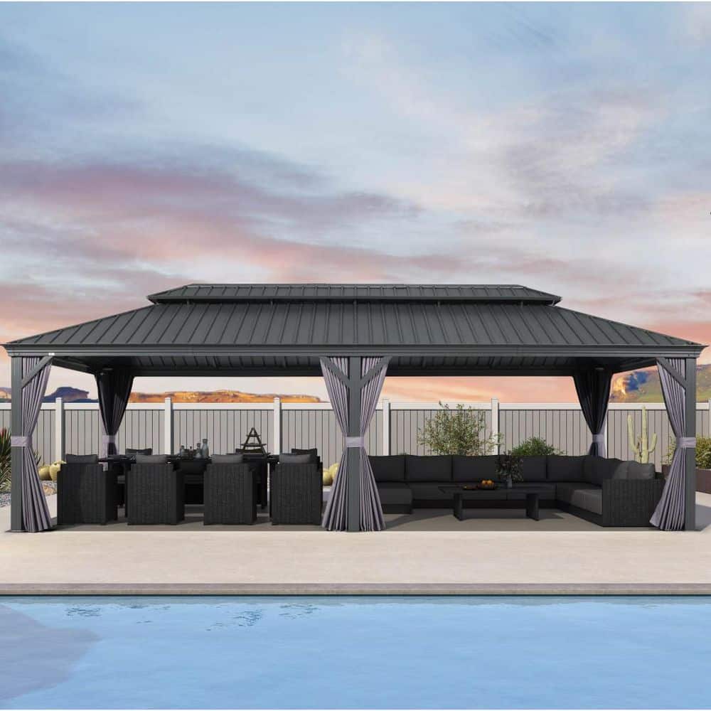 12 ft. x 28 ft. Luxury Patio Outdoor Gazebo for Backyard Hardtop Aluminum Frame with Netting, Hooks, Upgrade Curtain price history on PriceWatchPro