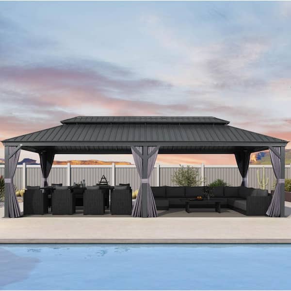12 ft. x 28 ft. Luxury Patio Outdoor Gazebo for Backyard Hardtop Aluminum Frame with Netting, Hooks, Upgrade Curtain