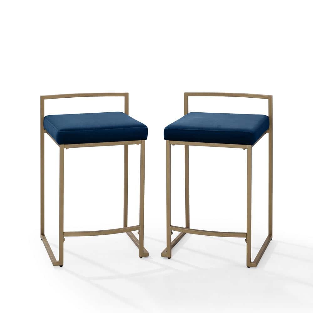 Dark Blue Velvet and Gold Steel Counter Stools, Set of 2