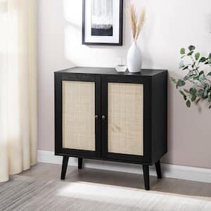 Black Wood and Rattan Boho Accent Cabinet with 2-Doors