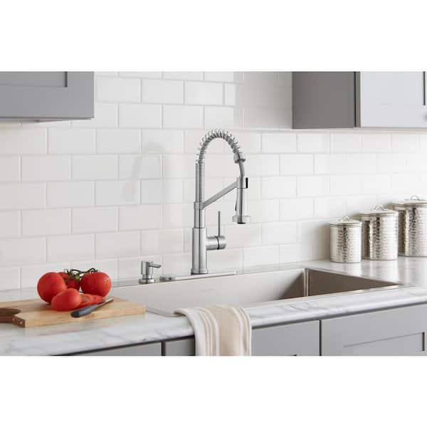 Gage Single-Handle Spring Neck Pull-Down Sprayer Kitchen Faucet With Soap Dispenser in Stainless Steel