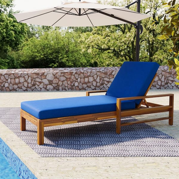 1-Pieces Acacia Wood Outdoor Chaise Lounge with Adjustable Backrest and Blue Cushions for Gardens Patio Balconies