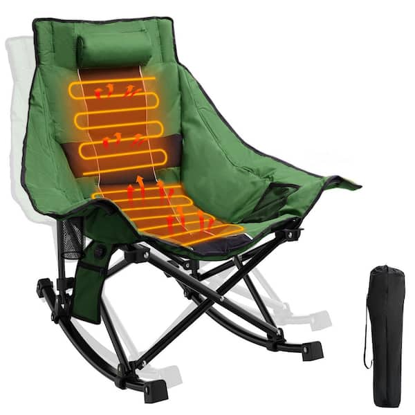 SEEUTEK Outdoor Patio Oversized Foldable Heated Rocking Camping Green and Black Chair With Metal Frame, Not Included Power Bank