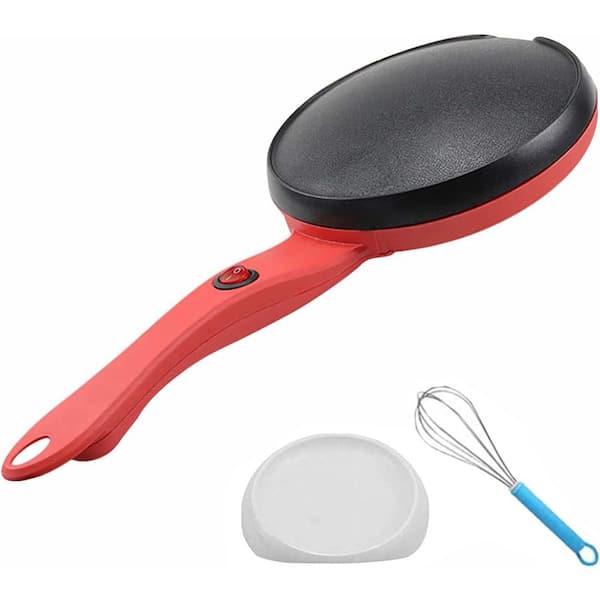 8-Piece Red & Black Nonstick Electric Crepe Maker Set with Auto Temp, Egg Beater & Batter Pot