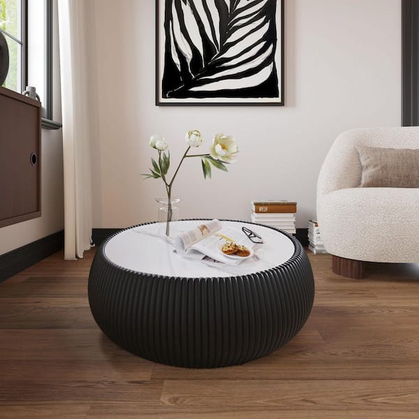 27.55 in. Black Round PU Leather Marble Top Coffee Table for Living Room furniture
