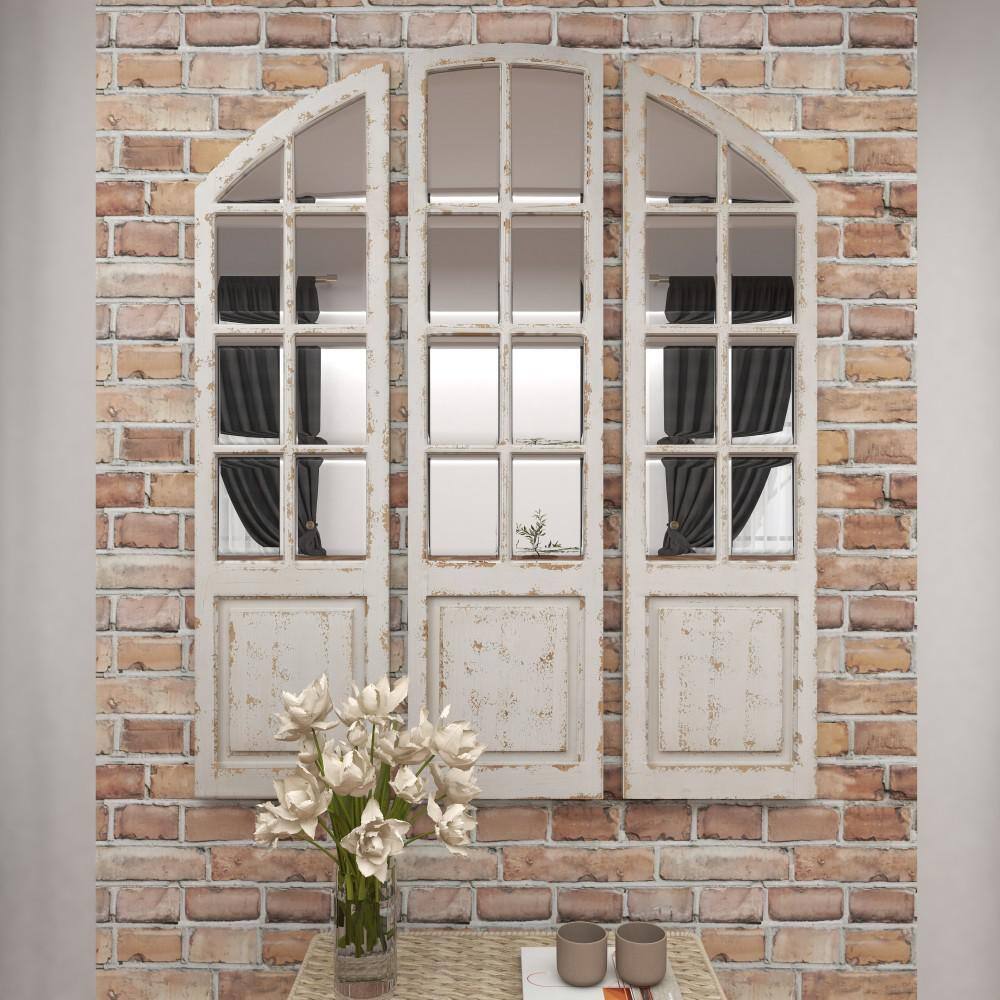 White Distressed Wood Windowpane Arched Decorative Mirror Set