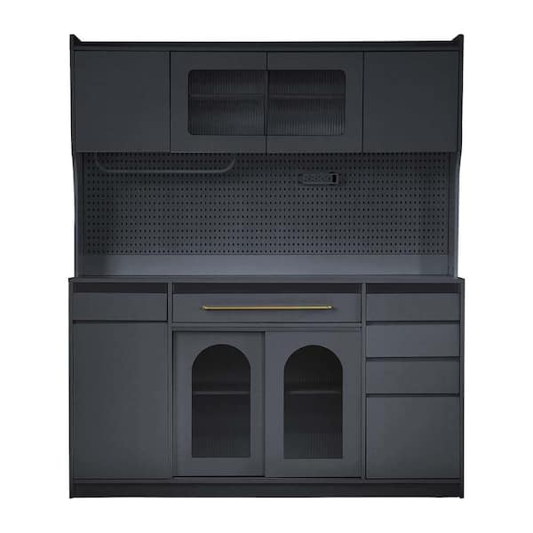 74.8 in. H Wood Pantry Organizer with Hutch, Adjustable Shelves, Pegboard, Towel Rack, Power Outlet in Black