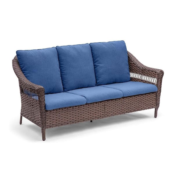 3-Seat Wicker Outdoor Patio Sofa Couch with Deep Seating and Blue Cushions