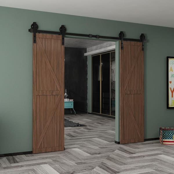 8 ft./96 in. Black Steel Sliding Barn Door Track and Hardware Kit for Double Doors with Floor GuideBigwheel J Shape)