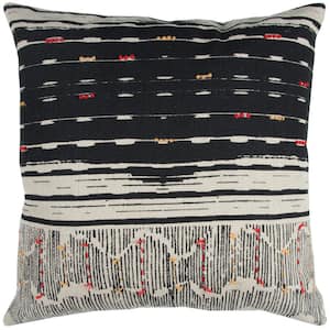 Black/Ivory Striped Hand Stitchery with French Knots and Tassel Ends Poly Filled 22 in. x 22 in. Decorative Throw Pillow