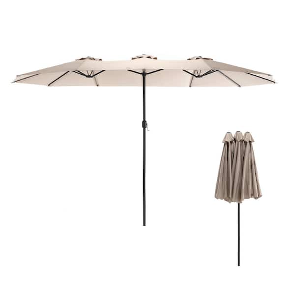 Tenleaf 14.8 ft. Steel Outdoor Market Manual Tilt Patio Umbrella in Khaki with Crank Opening/Closing System