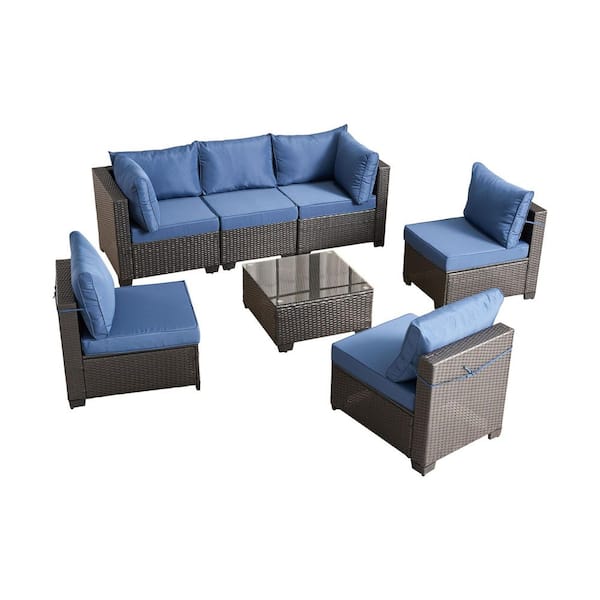 Proteus 7-Piece 6-Seat Wicker Modern Outdoor Patio Conversation Sectional Sofa Set with Dark Blue Cushions
