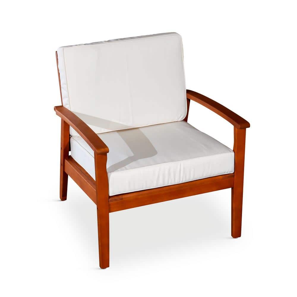 Natural Oil Deep Seat Eucalyptus Wood Outdoor Lounge Chair with Cream Cushi