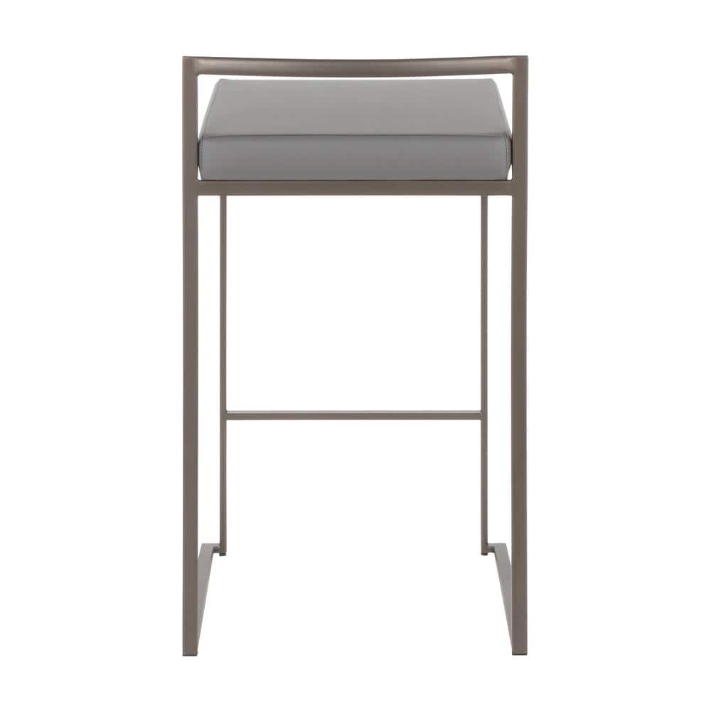 Antique Metal and Grey Faux Leather Stackable Counter Stools, Set of 2