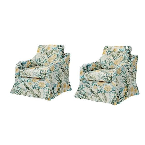 JAYDEN CREATION Albert Green Floral Slipcover Swivel Armchair with Removable Cushion (Set of 2)