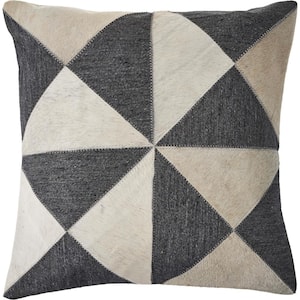 Geometric Charcoal Black / White Faux Leather Hide 20 in. x 20 in. Throw Pillow