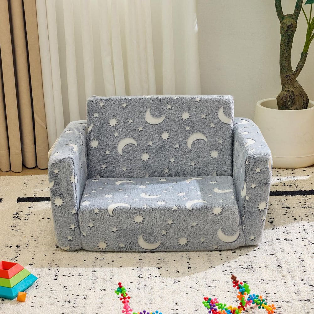 1-Piece Full Sponge Kids Single Folding Sofa Bed with Luminous Feature in Gray