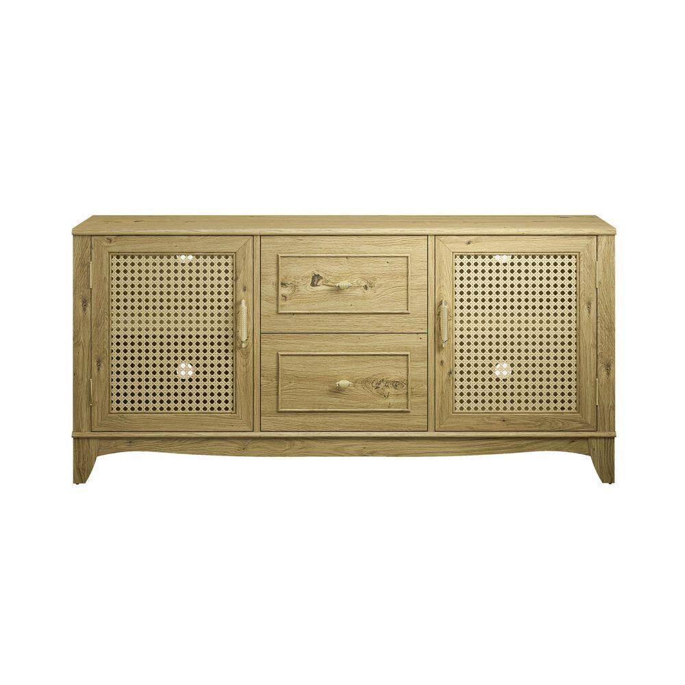 60" Beige Wood TV Stand with Cabinets and Drawers