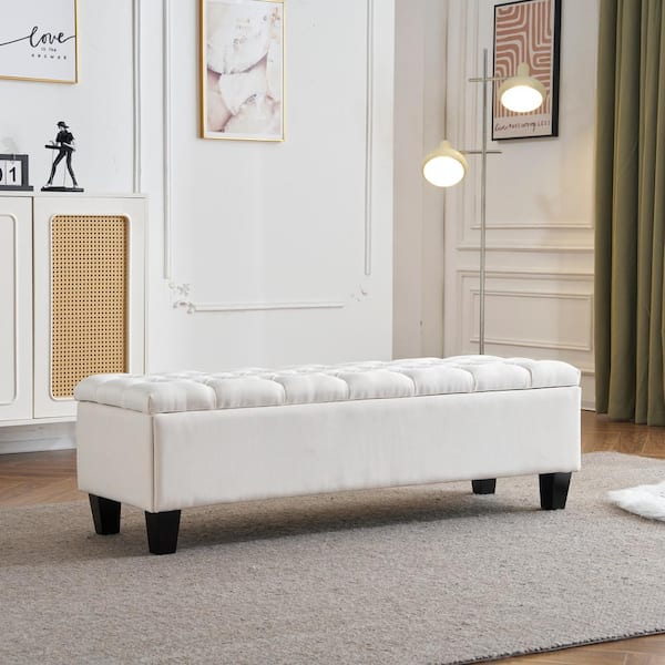 CHRISTOPHER KNIGHT HOME Forge Modern Upholstered Storage Ottoman Bedroom Bench with Button Tufting, Diamond Stitch, White