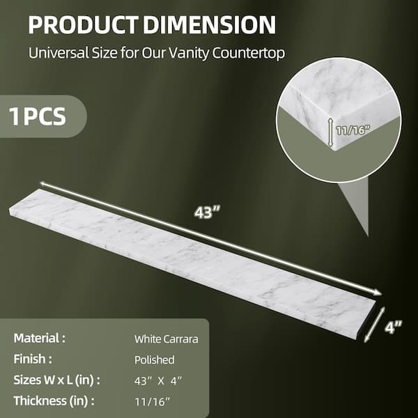 43 in. W x 4 in. H Marble Vanity Backsplash in White Rear Panel for Bathroom Vanity Sink Top or Doorway Floor Transition