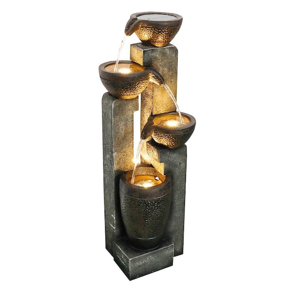 Misopily 40 in. Pots Outdoor Garden Water Fountain with Warm LED Lights in Brown