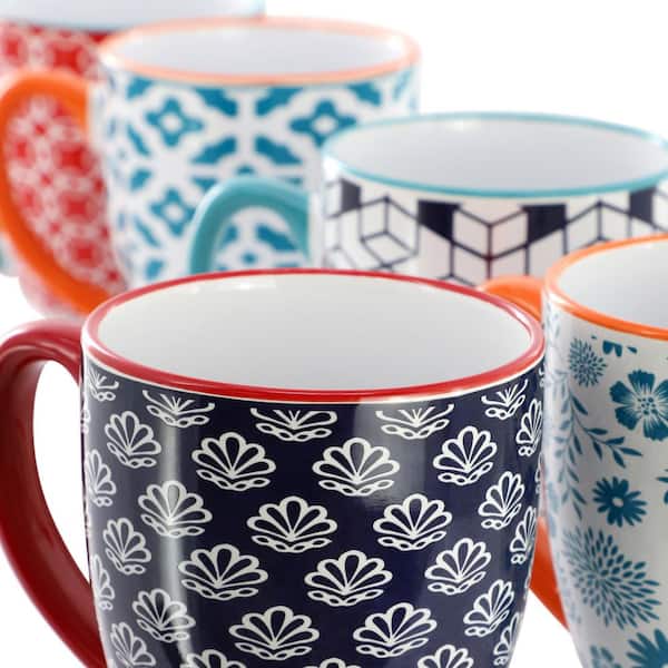 Elama Rory 6-Piece 16 Ounce Assorted Design Stoneware Mug Set in Assorted Colors
