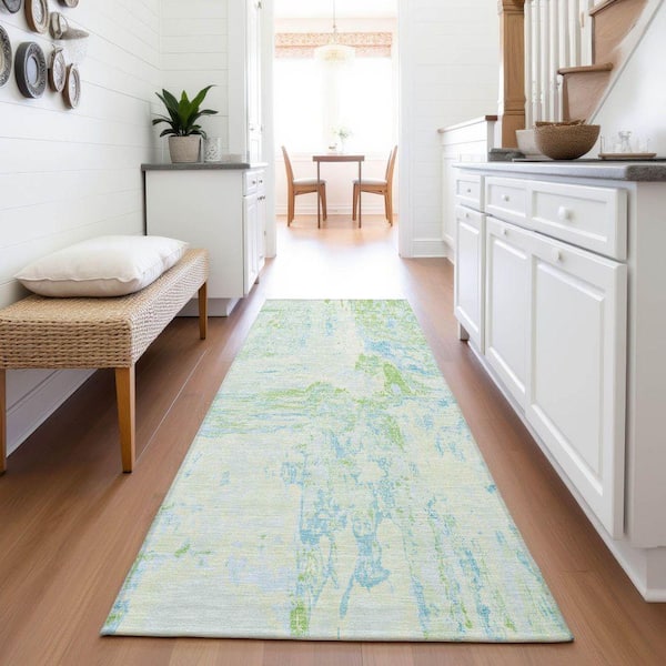 Mayfield Premium Machine Washable Abstract AMF1350 Mint 2 ft. 3 in. x 7 ft. 6 in. Runner Rug