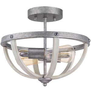 Keowee 13 in. 2-Light Galvanized Farmhouse Semi-Flush Mount with Antique White Wood Accents for Kitchens