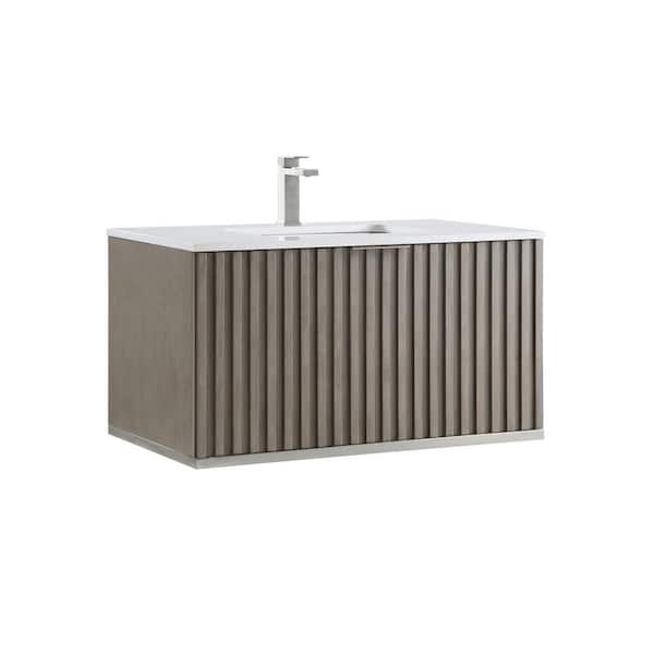 BEMMA Terra 36 in. Wallmount Bath Vanity in Greywash with Granite Vanity Top in White with White Basin
