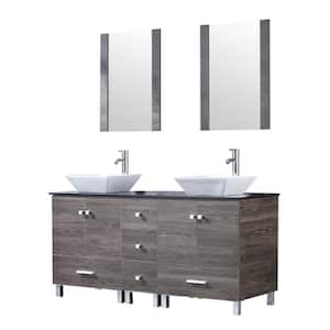 Wonline 60 in. Brown Bathroom Sink Vanity with Black Glass Top Large Capacity Lockers Bathroom Vanity Combo with Mirror