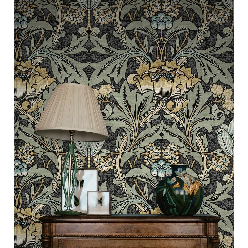 Charcoal and Goldenrod Acanthus Floral Peel and Stick Wallpaper