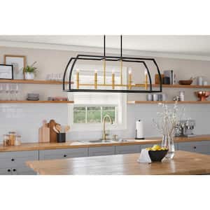 Copper Hill 5-Light Black and Antique Gold Farmhouse Linear Chandelier Light Fixture with Caged Metal Shade