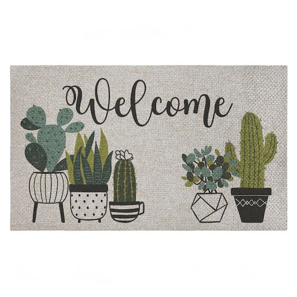 Cursive Welcome Potted Cacti Brown 18 in. x 30 in. Polyester Non-Slip Outdoor Door Mat