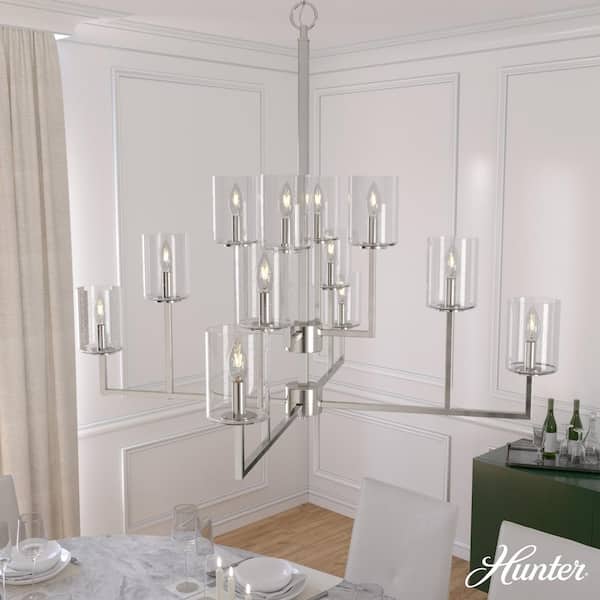 Hunter Kerrison 12-Light Brushed Nickel Geometric Chandelier with Clear Seeded Glass Shades