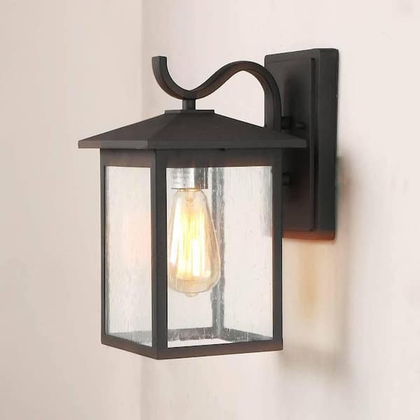 LNC Modern Textured Black Outdoor Sconce with Seeded Glass Shade 1-Light Weather Resistant Wall Lantern for Porch Patio
