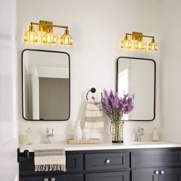 Rnidaipi 3-Light Brass Vanity Wall Light – Amber Tulip Glass Shades, 15.74" Arm, E12 Base – For Bathroom, Bedroom, Living Room