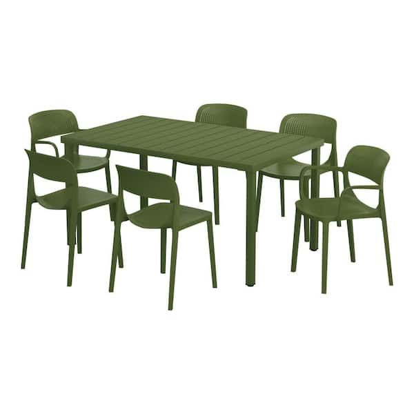 Frond and Form Modern Outdoor Patio Poly Plastic 7-Piece Rectangle Table Dining Set w/ 6 Stackable Chairs in Olive Green