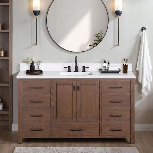 Modero 61 in. Single Sink Mocha Oak Bath Vanity with Cala White Engineered Stone Top