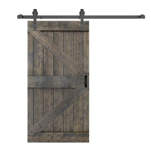 ISLIFE K Style 42 in. x 84 in. Aged Gray Finished Soild Wood Sliding Barn Door with Hardware Kit - Assembly Needed
