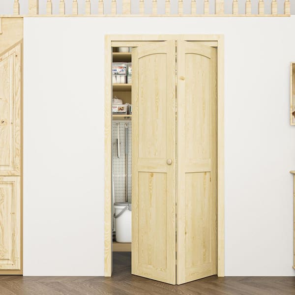 36 in. x 80 in. Arch Panel 2-Lite Solid Core Unfinished Pine Wood Interior Closet Bi-Fold Door with Hardware