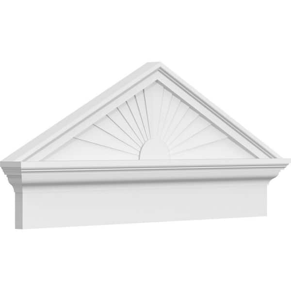 Ekena Millwork 34 in. W x 15-3/8 in. H x 2-3/4 in. P Pitch 6/12 Peaked Cap Sunburst Signature Urethane Combination Pediment, Primed Tan
