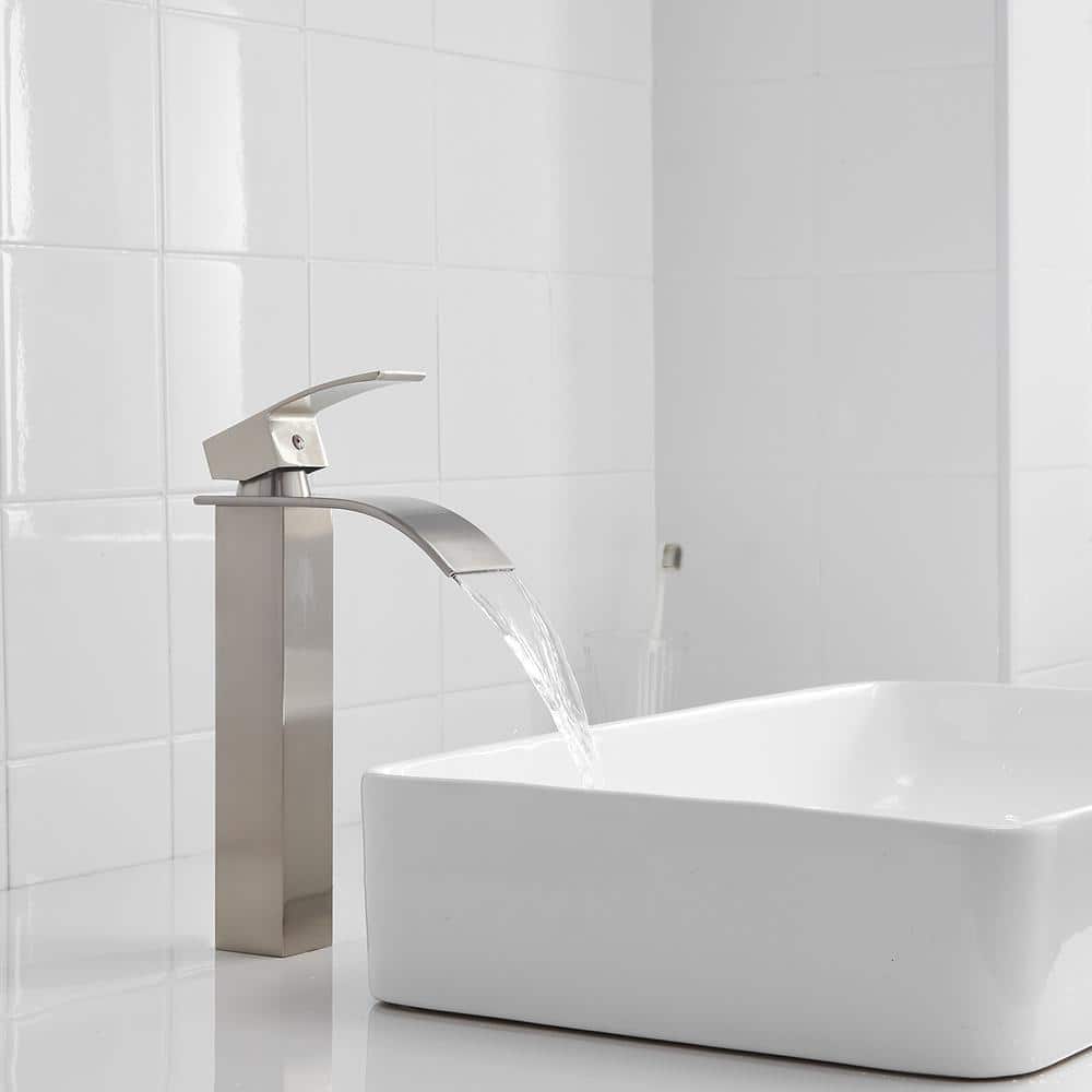 Brushed Nickel Single Handle Waterfall Vessel Sink Faucet with Drain Assembly