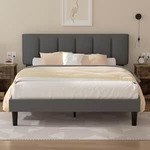 Upholstered Bedframe, Gray Metal Frame Queen Platform Bed with Adjustable Headboard, Wood Slat, No Box Spring Needed