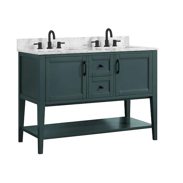 Sherway 49 in. Double Sink Antigua Green Bath Vanity with White Carrara Marble Top (Assembled)