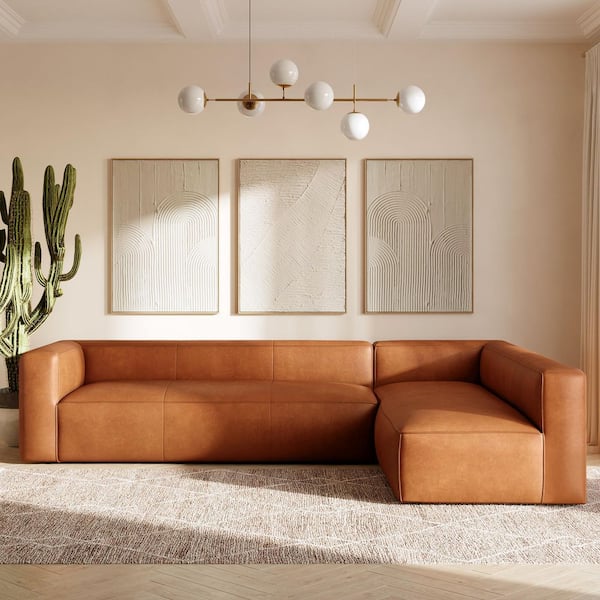 Piazza 123.5 in. Straight Arm 2-Piece Leather L Shaped Sectional Sofa in Saddle Tan