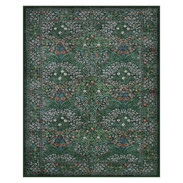 Boho Floral Botanical Washable Non Slip Dark Green 5 ft. x 7 ft. Area Rug