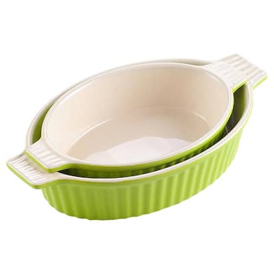 2-Piece Green Oval Porcelain Bakeware Set 9 in. and 11 in. Baking Dishes