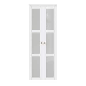 30 in. x 80 in. 3-Lite Frosted Glass Solid Core White Finished (Pivot French) Bi-fold Door with Pivot Hardware